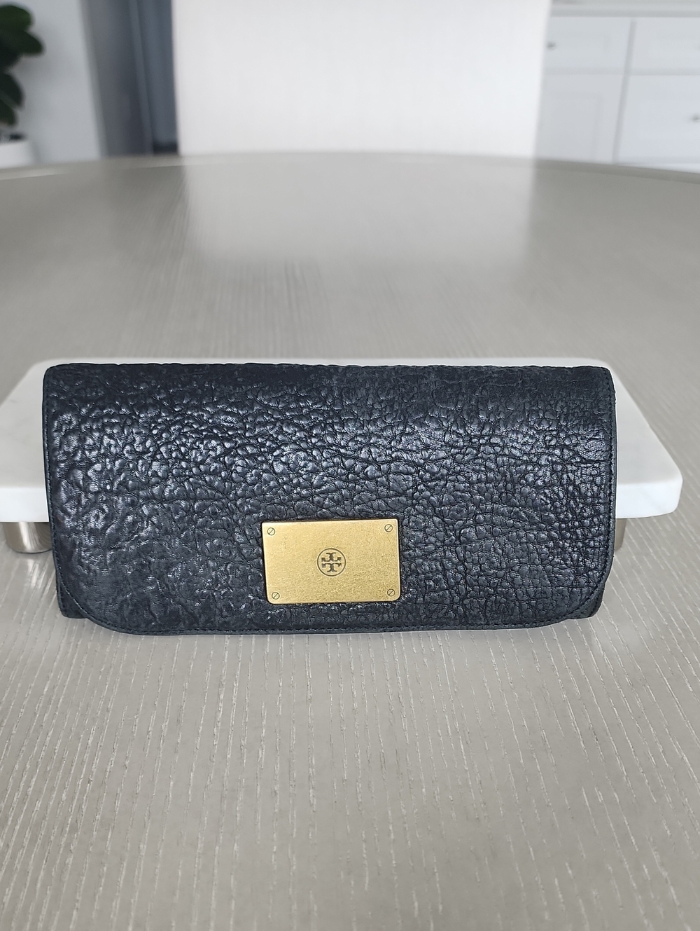 Tory Burch Black Pebbled Leather Flap Wallet with Gold TB Plate